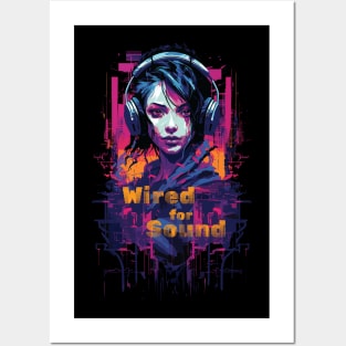 Cyberpunk Woman in Headphones listening to music Posters and Art